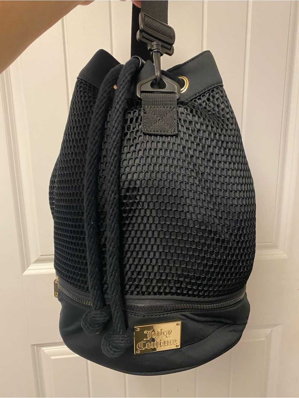 Juicy Couture Black Mesh Drawstring Backpack | Zip-Bottom Compartment | Y2K - Picture 10 of 11